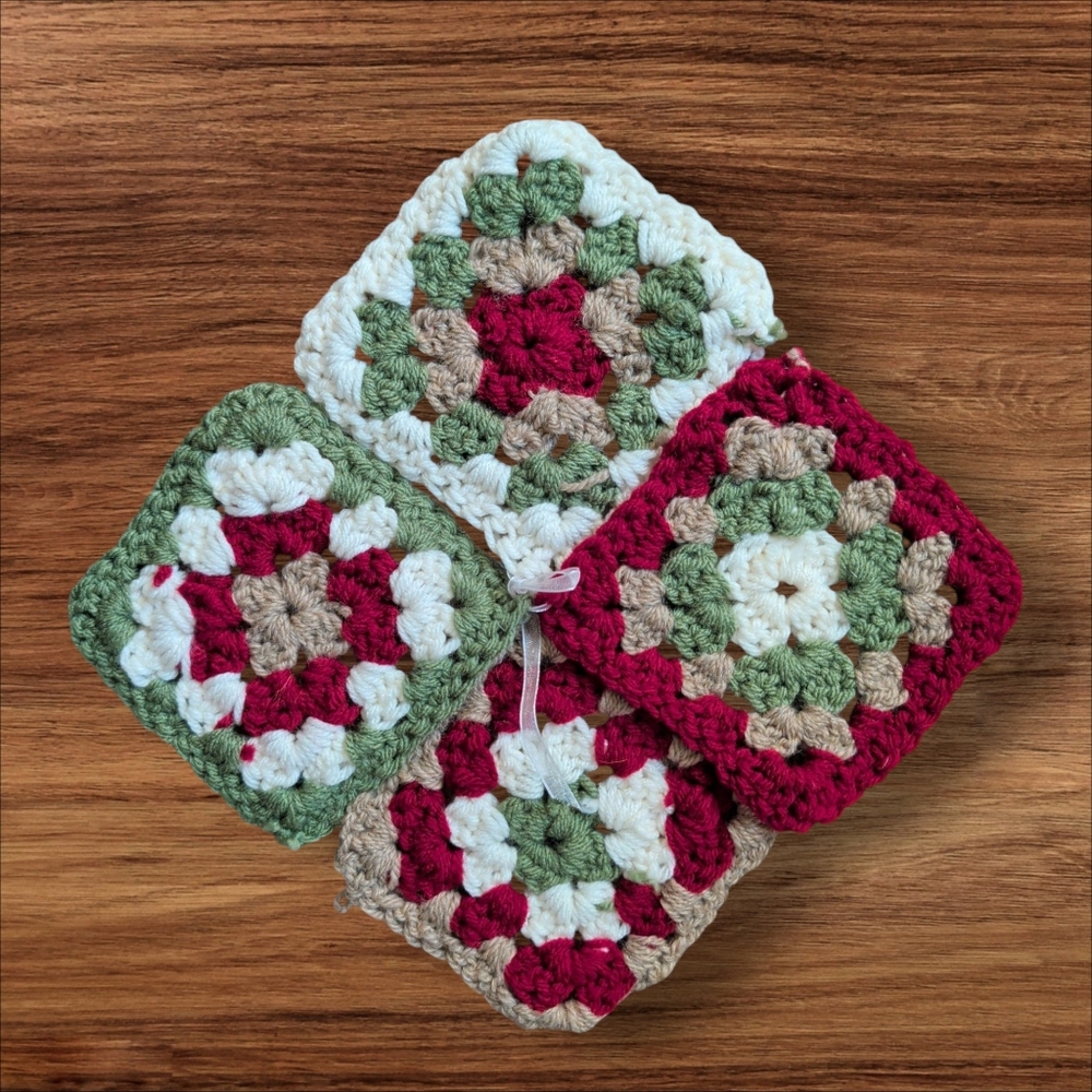 Set Of 4 Handmade Granny Square Christmas All Year Coasters